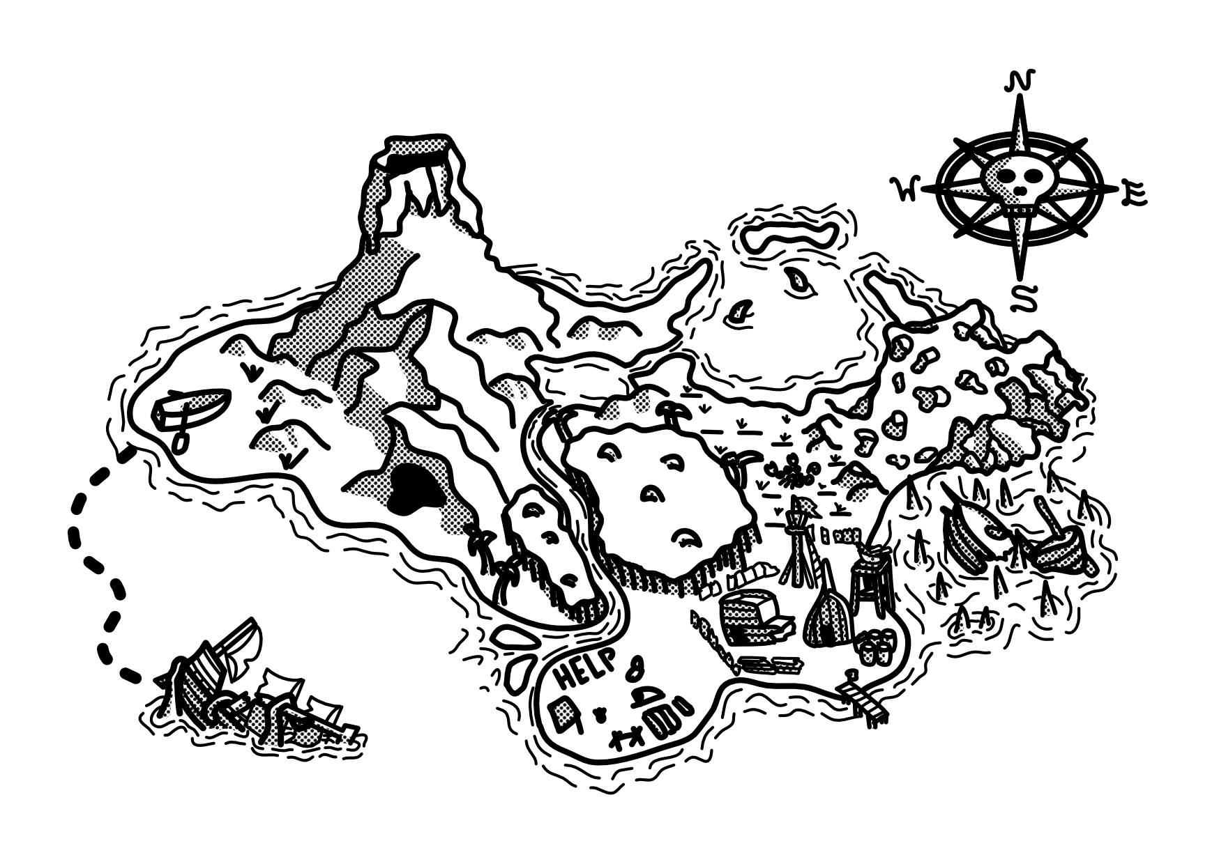 An isometric map of a pirate themed island - featuring a volcano, a shark infested lagoon, and a shipwreck amongst other locations.