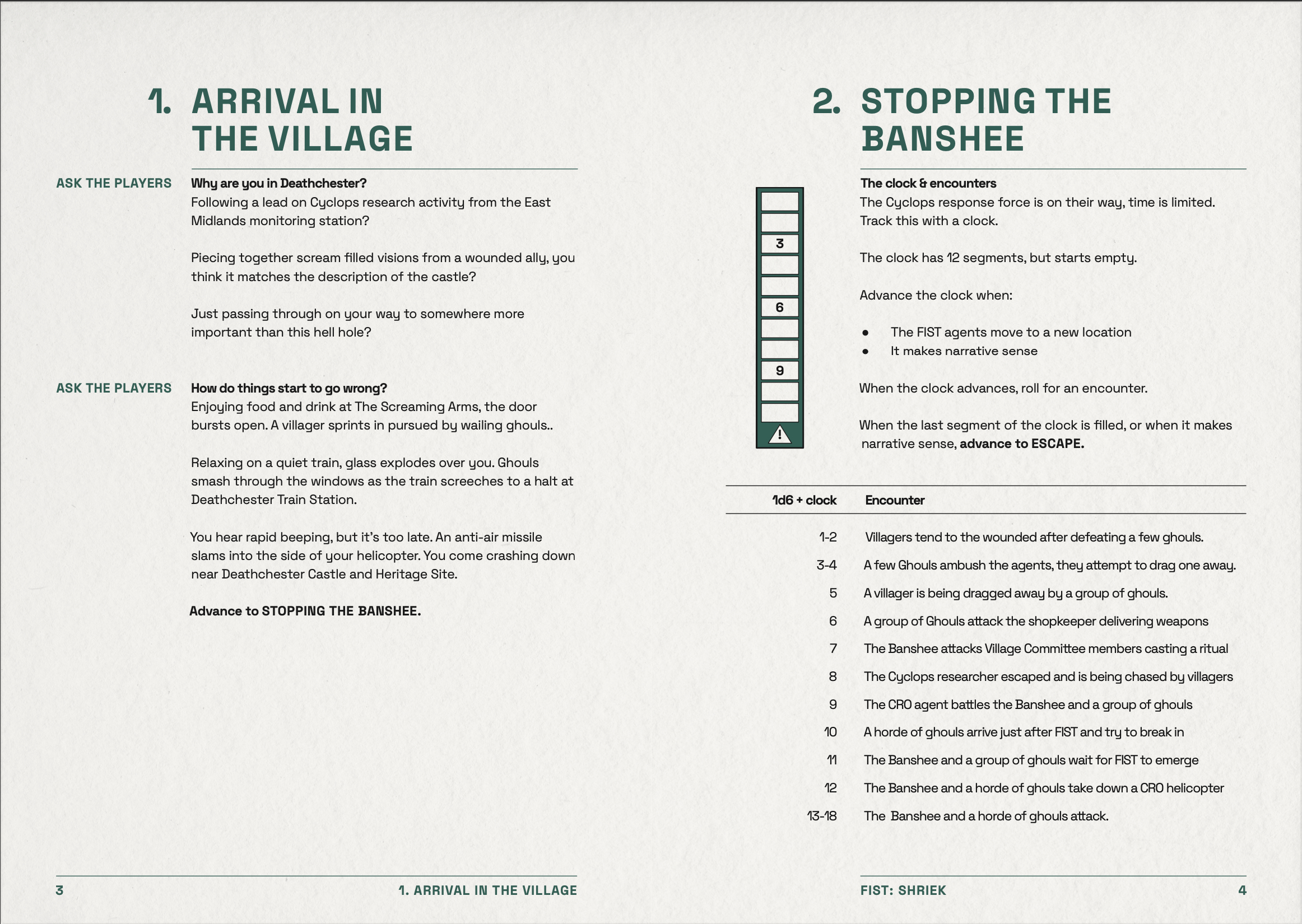 A spread showing the introduction (arrival in the village) and start of the scenario (stopping the banshee)