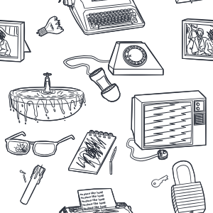 Tiled drawings of everyday objects that are slighltly distressed e.g. a television showing static.
