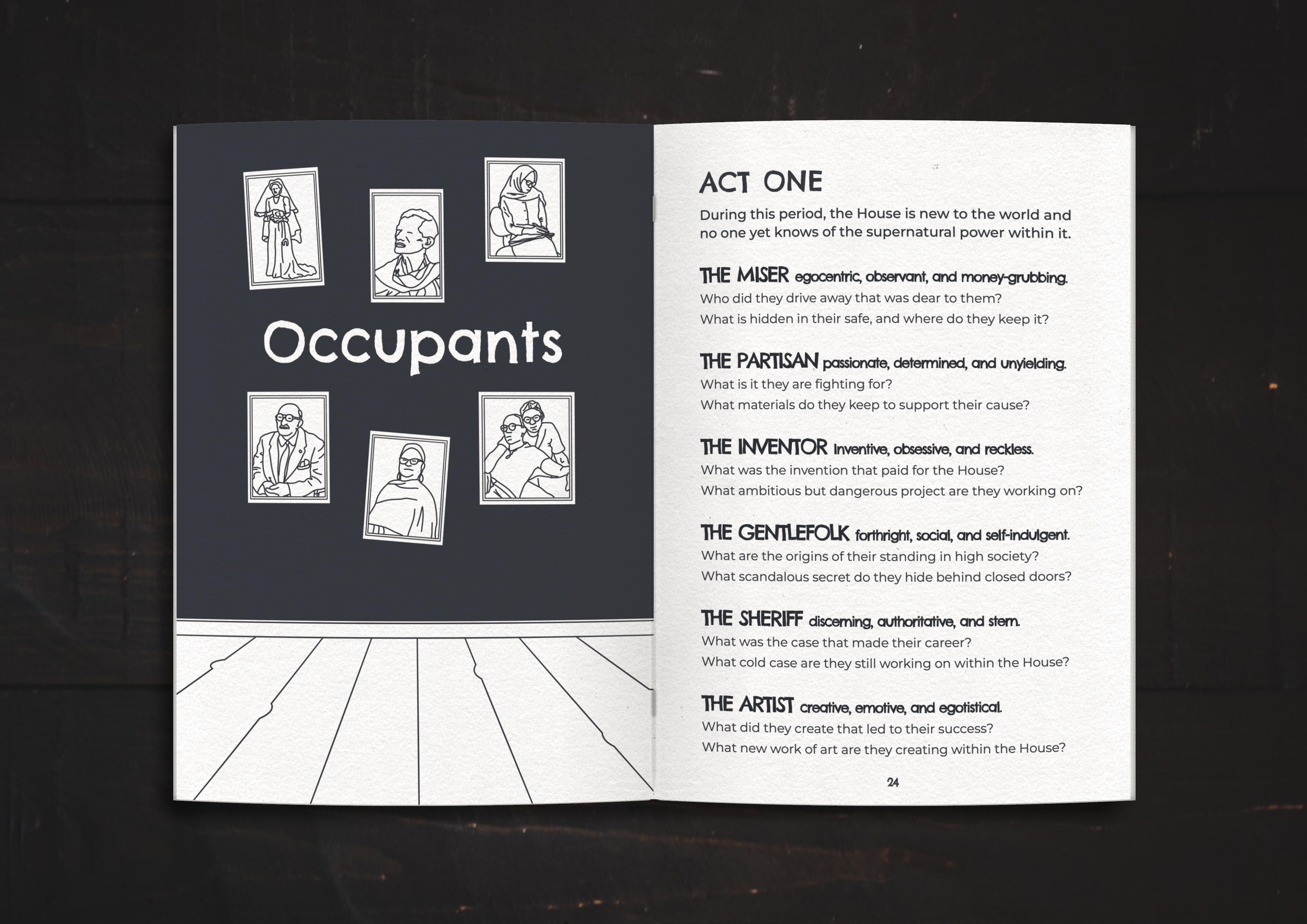 Occupants, a spread from the game, line-art portraits of people above a wooden floor surround the title.