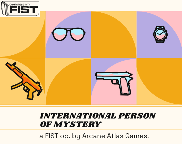 International Person of Mystery, a grid of squares shows icons of a pistol, sunglasses and a watch.