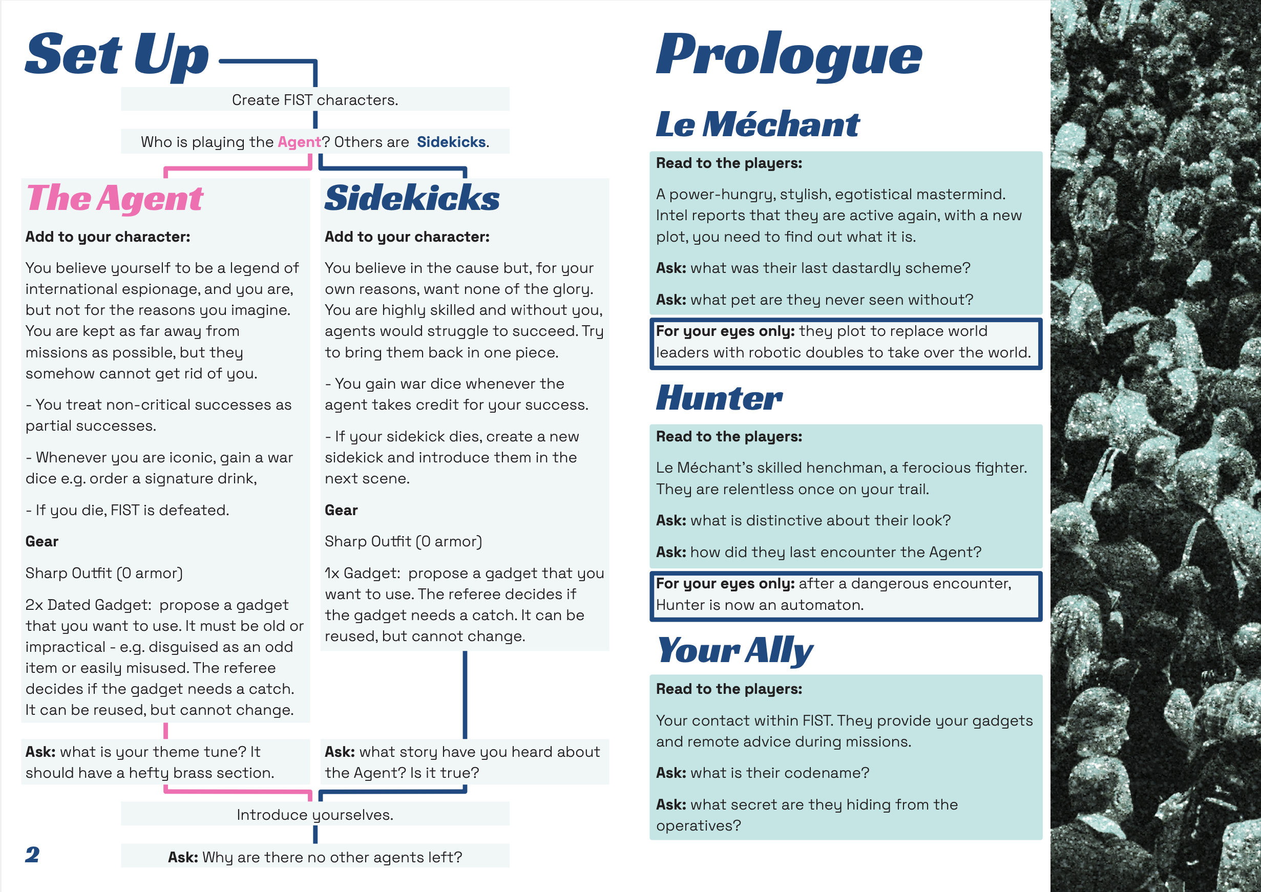 A spread shows set up splitting players into The Agent and Sidekicks, the second page shows a prologue.