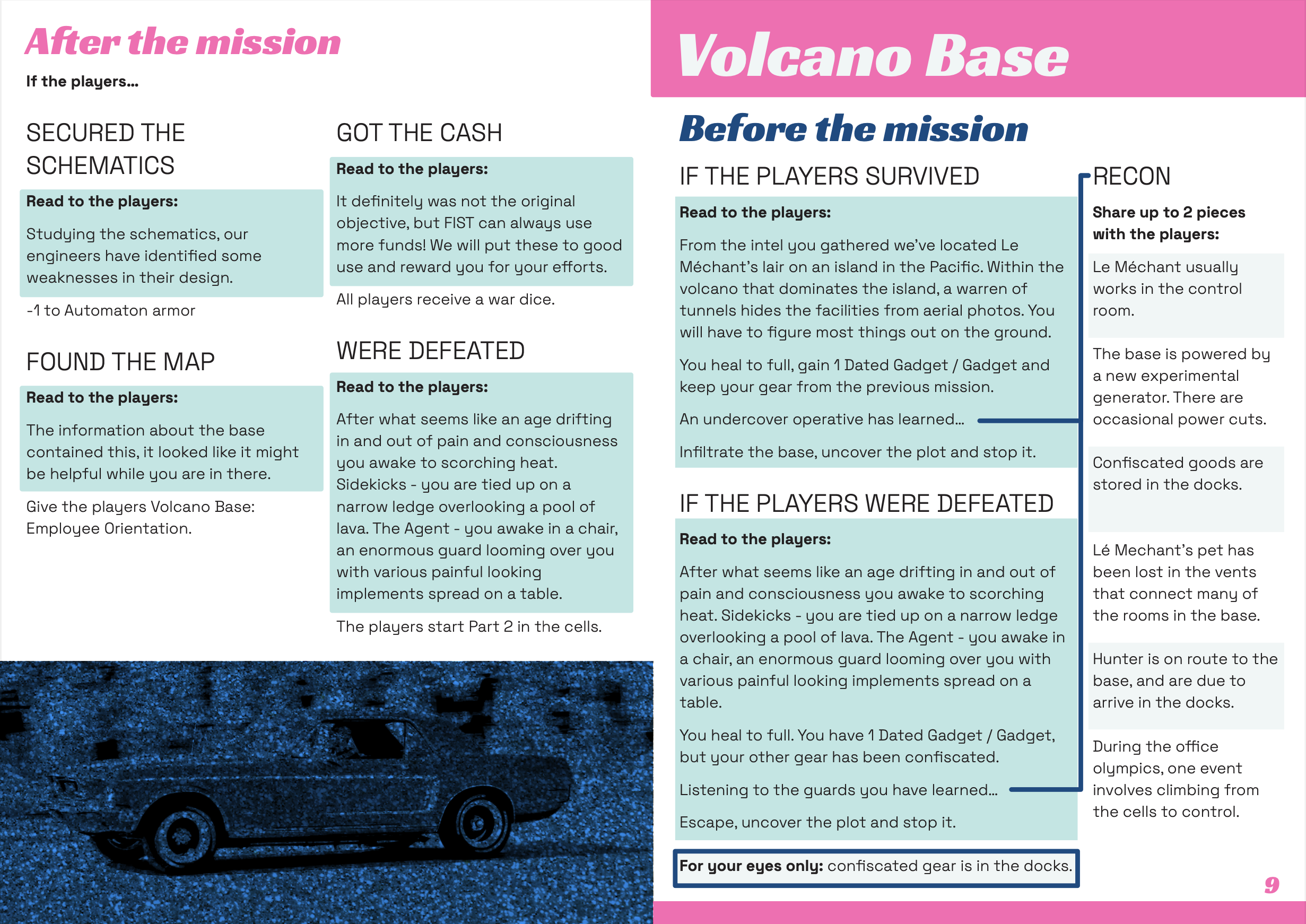 A spread shows an after the mission section listing various outcomes, and the introduction to the Volcano Base scenario.